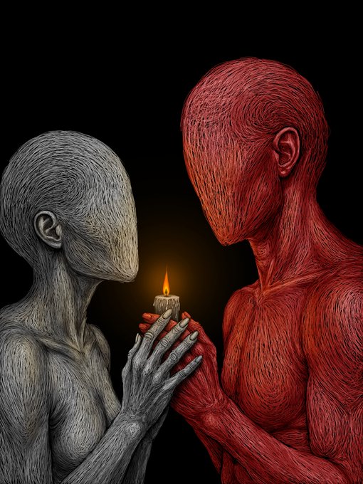 Two faceless, humanoid figures—one gray and one red—jointly cradle a single lit candle between their hands against a dark background, visually embodying the "Shared Flame" NFT title as a symbol of collective trust and illumination.