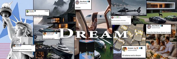A collage of luxury lifestyle images featuring mansions, yachts, private jets, the Statue of Liberty, and dream homes, overlaid with the word "DREAM" in large white letters and several social media-style post snippets (from "Elon Musk" and "Ansam" handles). The image ties directly to the accompanying post about $DREAMCOIN's early buzz and Telegram community buzz, visually promoting the aspirational "dream" lifestyle the new Shiba-linked token aims to evoke.