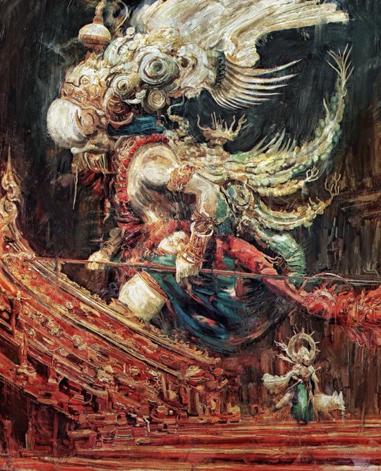 A dramatic, dark fantasy painting depicting an armored knight riding a skeletal or otherworldly beast, with a small deer-like figure standing on the red terrain below.