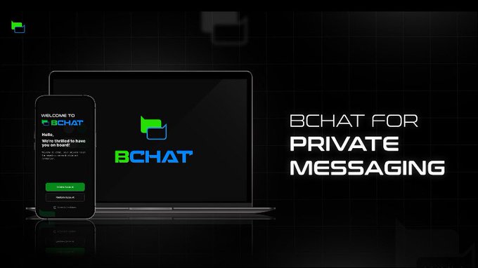A promotional banner for 'BCHAT' featuring a smartphone and laptop displaying the app interface, with text promoting 'BCHAT FOR PRIVATE MESSAGING' against a dark background with chat bubble icons