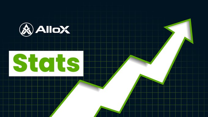 A graphic displaying the "AlloX" logo and the word "Stats" next to a large, upward-pointing white arrow with a green outline on a dark blue grid background.