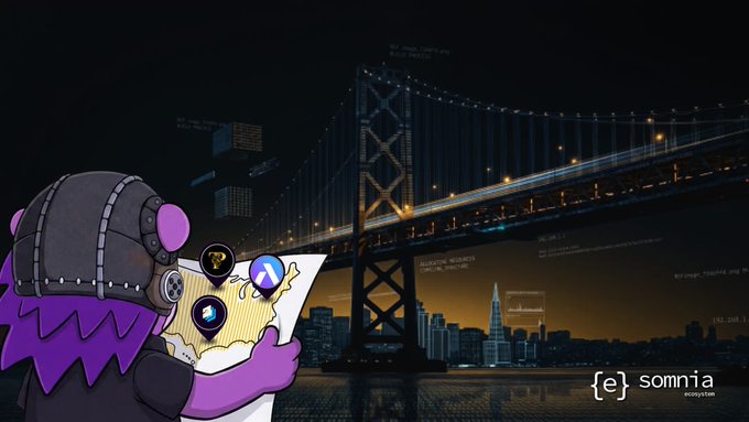 A purple cartoon character wearing a riveted helmet studies a map displaying cryptocurrency icons (Metamask, XPR, XRP) against a nighttime San Francisco skyline featuring the illuminated Bay Bridge, with faint floating data text and the Somnia logo in the corner—visually reinforcing the post's metaphor of the Bay Bridge as a literal and symbolic connection point to the Somnia blockchain ecosystem.