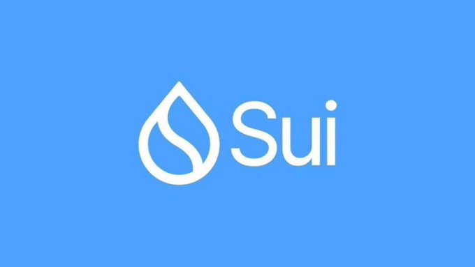 The image displays the Sui cryptocurrency logo, featuring a stylized water drop design in white alongside the word 'Sui' on a blue background.