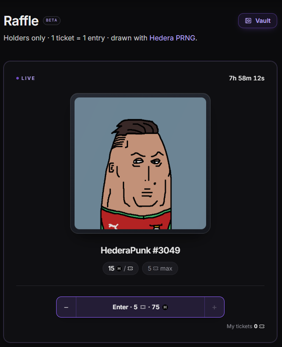 A raffle interface titled 'Raffle BETA' showing a HederaPunk #3049 NFT with 15 entries, 5 max per user, 7h 58m 12s remaining, and a button to 'Enter · 5 · 75' tickets, currently showing 0 tickets owned, with a 'Vault' button in the top right.