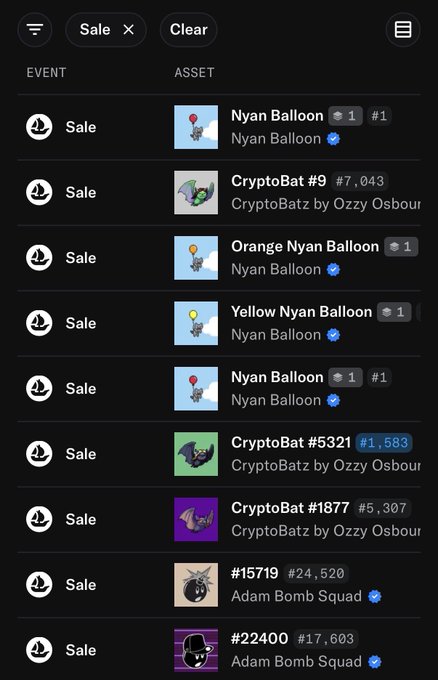 A mobile app screen showing a list of NFT sales filtered by "Sale", featuring items like Nyan Balloon, CryptoBatz by Ozzy Osbour, and Adam Bomb Squad.