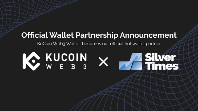 The image features a promotional poster for an announcement about a partnership between KuCoin Web3 and SilverTimes. The poster has a black background with white text that reads "Official Wallet Partnership Announcement KuCoin Web3 becomes our official hot wallet partner". There are three logos on the poster, each representing a different company: KuCoin, Web3, and SilverTimes. These logos are positioned in a triangular arrangement, with the KuCoin logo at the top, followed by the Web3 logo below it, and then the SilverTimes logo at the bottom. The text "SilverTimes" is written in white letters on the poster.