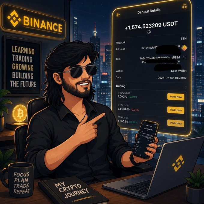 An illustrated crypto trading scene with a man pointing at a 'Deposit Details' screen showing +1,574.523209 USDT, with Binance branding and motivational text like 'LEARNING TRADING GROWING BUILDING THE FUTURE'.