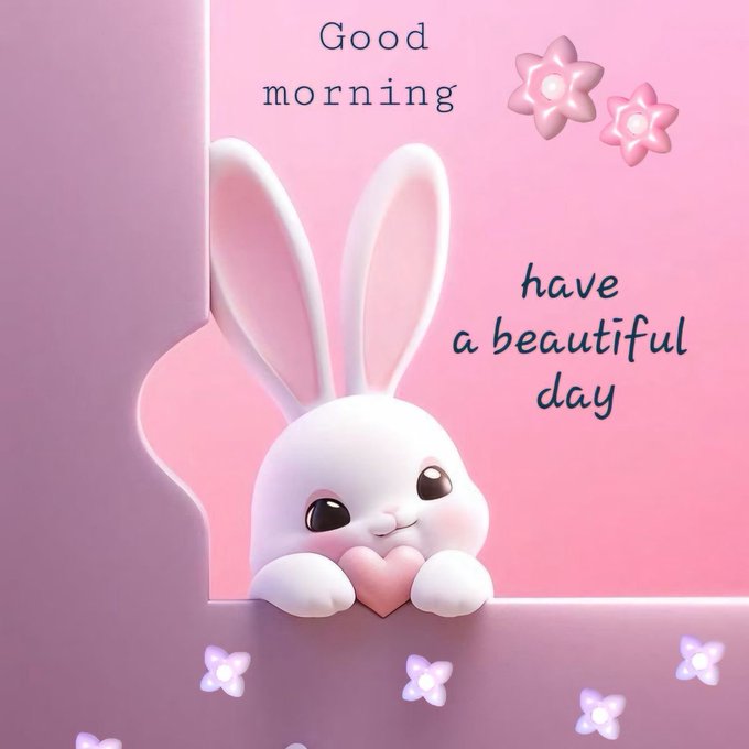 A cute 3D-style white bunny peeks over a pink ledge holding a heart, accompanied by the text 'Good morning' and 'have a beautiful day' surrounded by small flowers.