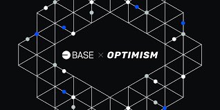 A graphic featuring the text "BASE x OPTIMISM" within a hexagonal geometric pattern on a black background.