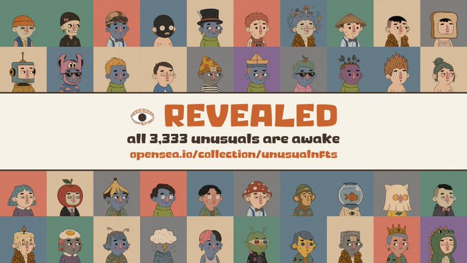 A promotional banner for the Unusual NFTs collection, displaying a grid of diverse cartoon character portraits above and below the central text "REVEALED all 3,333 unusuals are awake," with a link to "opensea.io/collection/unusualnfts" and an eye icon. The image visually represents the artist's announcement that all 3,333 unique NFT characters—created from 159 original traits—have been revealed to their collectors.