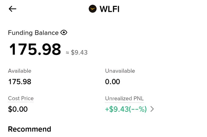 A crypto wallet screen showing WLFI funding balance of 175.98 (~$9.43) with $0.00 cost price and +$9.43 unrealized PNL.