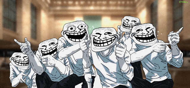 The image shows a group of cartoon trollface characters grinning maniacally and pointing, which visually represents the chaotic and mischievous spirit of the $TROLL community celebrated in the caption.
