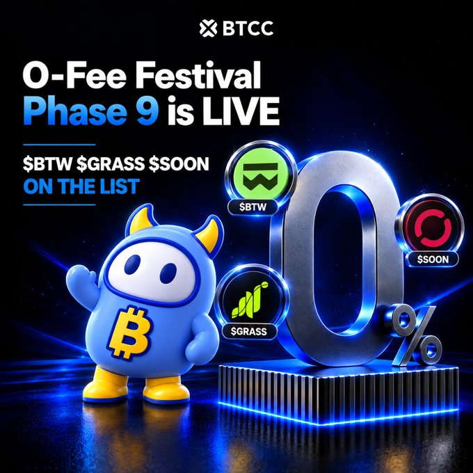 A promotional graphic for BTCC's '0-Fee Festival Phase 9 is LIVE' featuring a blue mascot with Bitcoin logo and listing $BTW, $GRASS, and $SOON tokens.