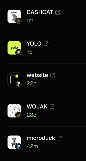 A mobile app interface shows a list of profiles or channels including CASHCAT (1m), YOLO (7d), website (22h), WOJAK (28d), and microduck (42m), each with an external link icon.