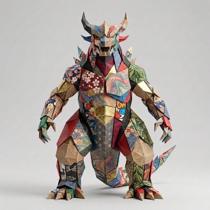 A papercraft model of a horned, monstrous creature decorated with colorful Japanese-patterned paper.