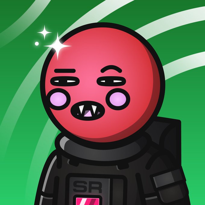 A cartoon-style illustration of a pink, round-faced character with fangs and purple cheeks wearing black armor labeled 'SR' against a green background.