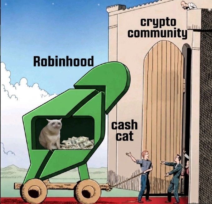 A satirical cartoon labeled 'Robinhood' depicts a green siege catapult (labeled 'cash cat') holding a cat and cash, with people pulling it toward a castle labeled 'crypto community'.