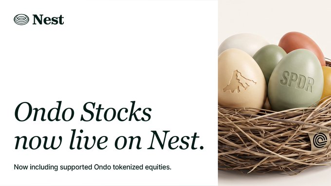 A promotional graphic announces "Ondo Stocks now live on Nest," featuring the Nest logo alongside decorative eggs in a basket—including one embossed with "SPDR" and another with a mountain design—symbolizing tokenized stocks as new collateral assets on the Nest platform.