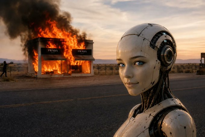 A digital artwork featuring a smiling humanoid robot in the foreground with a burning Prada storefront in the background, with 'PRADA MILANO' signs visible on the building.