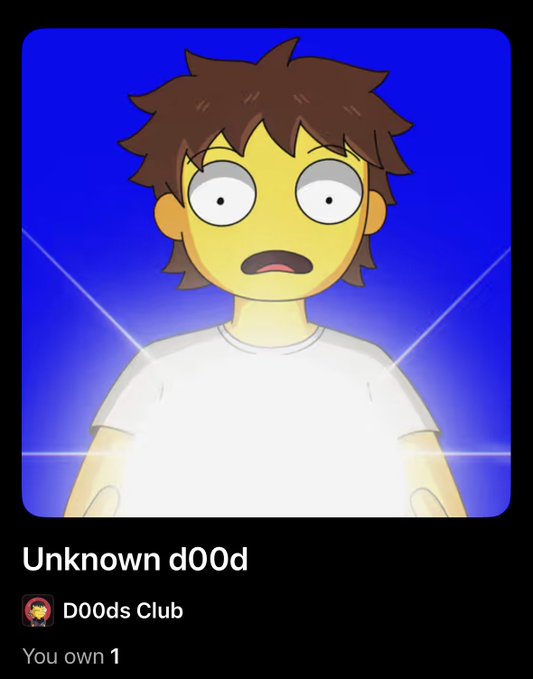 An NFT digital card titled 'Unknown d00d' from the 'D00ds Club' collection features a cartoon character with wide, shocked eyes and a glowing aura on a blue background, indicating the user owns 1.