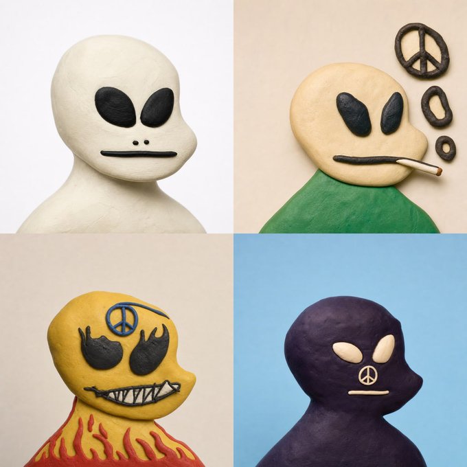 Four claymation-style figures with varying colors (white, beige, yellow, dark purple) feature black eye designs and peace sign motifs.