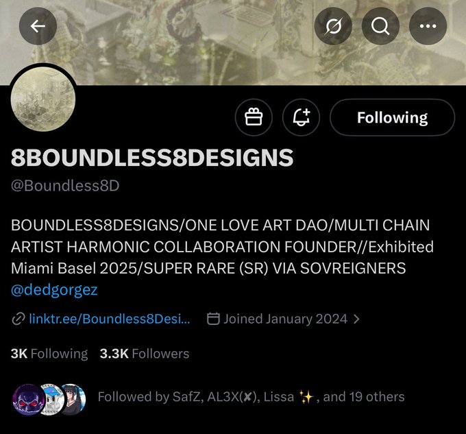 A Twitter/X profile page for "8BOUNDLESS8DESIGNS" (@Boundless8D), a multi-chain artist DAO founder and founder of One Love Art DAO who exhibited at Miami Basel 2025, with 3K following and 3.3K followers. The post refers to an early alpha NFT mint announcement with 1,500 supply on Ethereum at 0.001 ETH, seeking whitelist information from the account holder.
