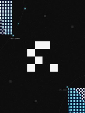 An abstract digital graphic with a black background featuring scattered white pixelated blocks in the center and blue-and-white checkered patterns in the corners.