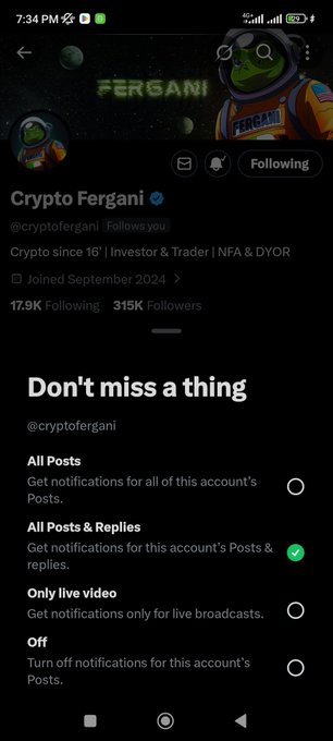 A Twitter/X profile screenshot for 'Crypto Fergani' (@cryptofergani), showing 315K followers and a notification settings menu with 'All Posts & Replies' selected.
