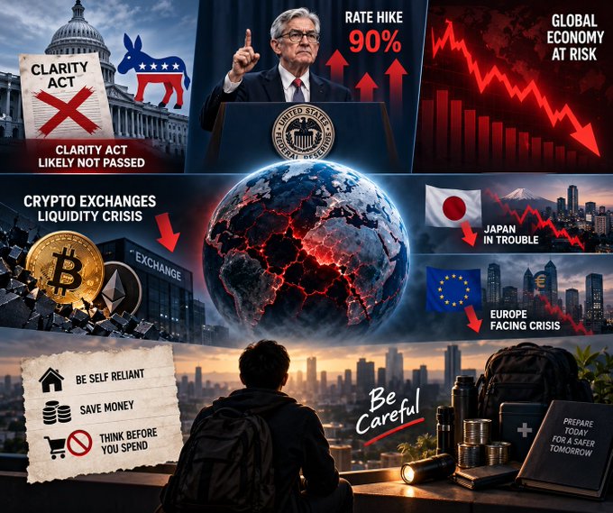 A montage of economic doomsday-style graphics featuring the U.S. Capitol with "CLARITY ACT LIKELY NOT PASSED", Jerome Powell at a podium with "RATE HIKE 90%", declining stock charts labeled "GLOBAL ECONOMY AT RISK", "JAPAN IN TROUBLE", "EUROPE FACING CRISIS", and "CRYPTO EXCHANGES LIQUIDITY CRISIS", plus survival tips like "BE SELF RELIANT", "SAVE MONEY", and "PREPARE TODAY FOR A SAFER TOMORROW".