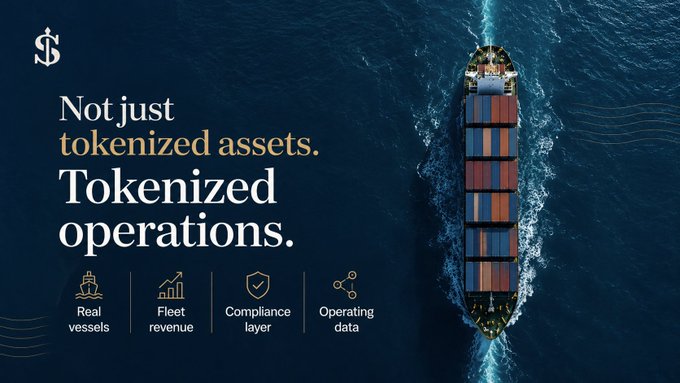 A promotional image featuring an aerial view of a container ship at sea with text 'Not just tokenized assets. Tokenized operations.' and icons for Real vessels, Fleet revenue, Compliance layer, and Operating data.