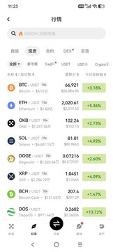 A mobile cryptocurrency market screen showing various tokens including BTC, ETH, OKB, SOL, DOGE, XRP, BCH, and EOS with their USD prices and percentage changes.