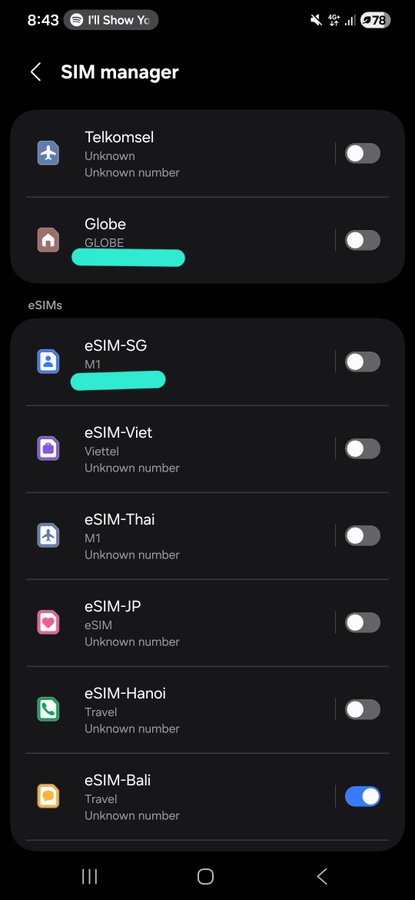 The image shows a smartphone's SIM manager screen displaying two active physical SIMs (Telkomsel and Globe) and six eSIMs (eSIM-SG, eSIM-Viet, eSIM-Thai, eSIM-JP, eSIM-Hanoi, and eSIM-Bali), with eSIM-Bali toggled on—suggesting an app that manages multiple international eSIMs from a single interface, likely built on Base.