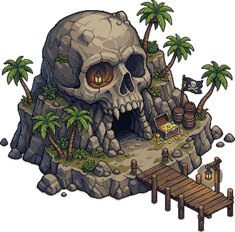 An isometric pixel art illustration of a tropical island featuring a giant skull-shaped rock with an eye socket lantern, a treasure chest, palm trees, a pirate flag, and a wooden dock.