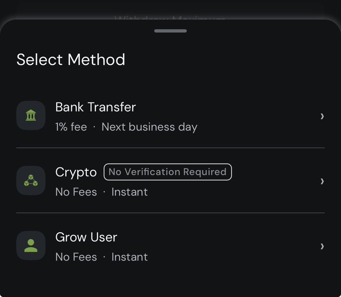 A payment method selection screen showing options for Bank Transfer (1% fee), Crypto (No Verification Required, No Fees, Instant), and Grow User (No Fees, Instant).