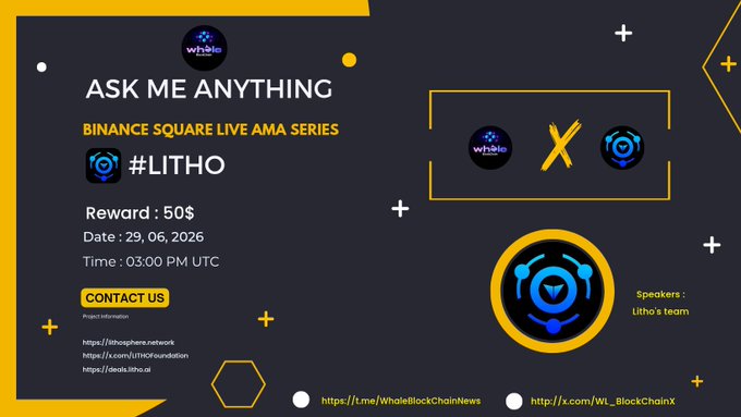 The image features a poster for an event called "ask me anything" at the Binance Square Live AMA series, which was held on May 3rd, 2016. The poster includes a logo of a blue circle with a white "Litho" inside, and there are two questions displayed in the top right corner: "ask me anything" and "Binance Square Live AMA Series". The event is scheduled for Saturday at 10:00 PM, and it is being held on Twitter.