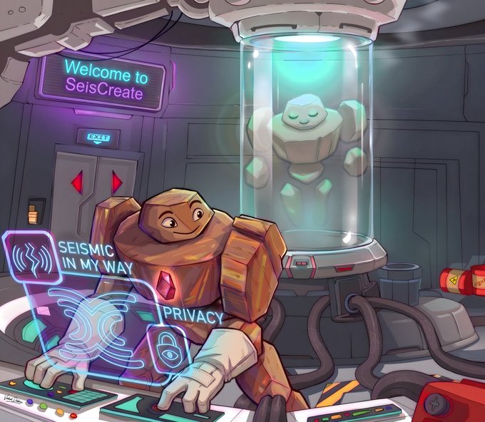 A cartoon illustration shows a rock-like character operating controls in a sci-fi lab while a glowing crystal being floats in a containment tube, with a neon sign reading 'Welcome to SeisCreate' and holographic displays showing 'SEISMIC IN MY WAY' and 'PRIVACY'.