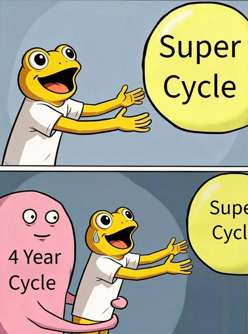 A two-panel meme featuring a yellow frog character. In the top panel, the frog excitedly reaches for a 'Super Cycle' bubble. In the bottom panel, the frog nervously reaches for the 'Super Cycle' bubble while being held back by a pink '4 Year Cycle' character.