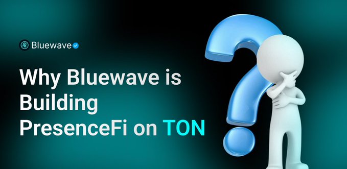 The image features a white 3D rendering of a person standing next to a blue question mark with the text "Why Bluewave is Building PresenceFi on TON?". The person appears to be posing for the photo, while the question mark symbolizes the curiosity or confusion about the topic being discussed. The post suggests that the creator of this image might have an interest in understanding how online presence and PresenceFi can work together effectively.