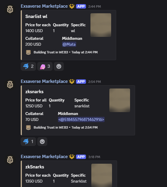Discord messages from 'Exsaverse Marketplace' bot showing three listings (Snarlist wl, zksnarks, zkSnarks) with USD prices, collateral amounts, and middleman information for trust-based WEB3 trades.