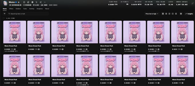 The image shows a collection of 16 identical "Momo Dream Pack" NFT cards on a marketplace platform, each priced at 0.0180 ETH with a floor price of 0.0168 ETH. The display relates to the post's celebration of the Momo collection's significant price appreciation from mint to its current trading levels around 0.019 ETH.