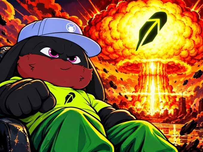 An anime-style illustration features a dark character wearing a blue cap and green outfit in front of a massive fiery mushroom cloud explosion.