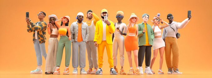 A line of stylized 3D-rendered cartoon characters in colorful trendy outfits taking selfies against a solid orange background.