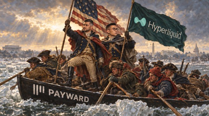 A parody of Emanuel Leutze's "Washington Crossing the Delaware" painting, featuring two figures holding American and Hyperliquid flags, with "PAYWARD" written on the boat.