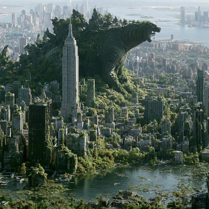 The post was cut off, so the image appears to represent the final line of "$CLAN"'s vision of growth through scaling, with Godzilla dwarfing a post-apocalyptic New York City—symbolizing the project positioning itself as a massive, market-dominating force amid an oversaturated crypto landscape.