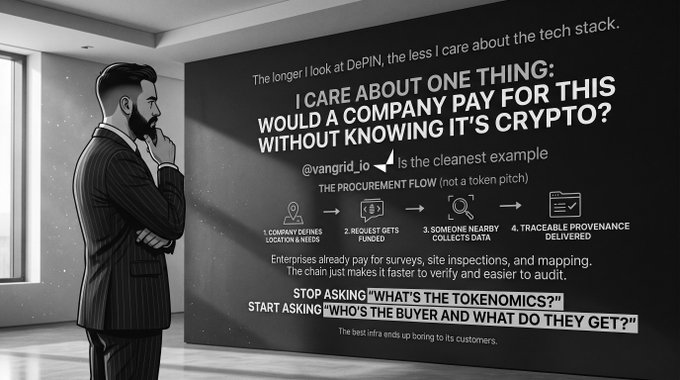 An illustrated image of a bearded man in a suit looking at a wall display containing a quote about DePIN and crypto procurement, mentioning @vangrid_io and "THE PROCUREMENT FLOW" with steps from location definition to traceable provenance delivery.