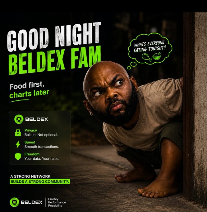 An advertisement for BELDEX featuring a man crouching with a thought bubble asking 'WHAT'S EVERYONE EATING TONIGHT?'. The ad highlights Privacy, Speed, and Freedom, with the tagline 'Food first, charts later' and 'A STRONG NETWORK BUILDS A STRONG COMMUNITY.'