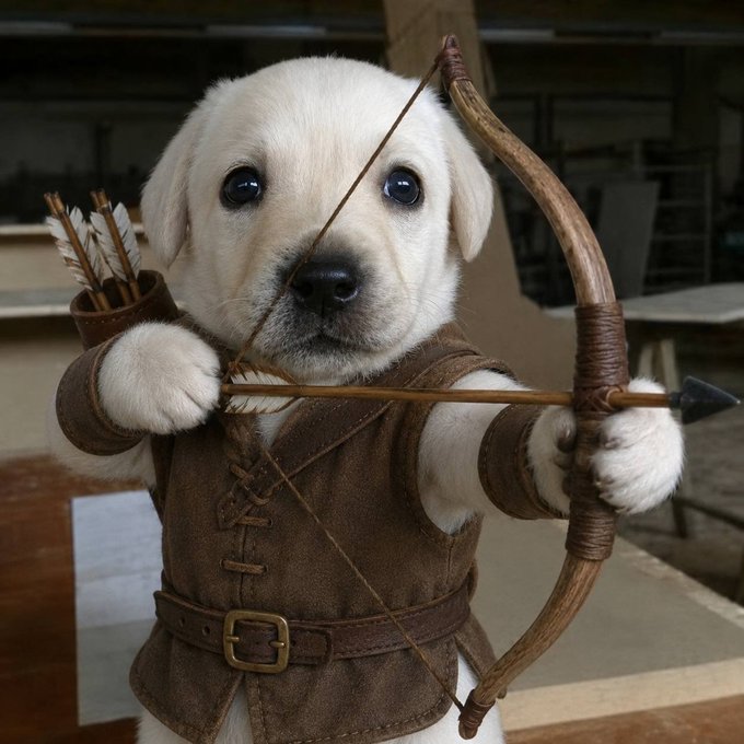 An adorable yellow Labrador puppy dressed in a medieval archer costume, holding a wooden bow and arrow, channels a "Robin Hood" theme that playfully complements the "Boe & Arrow" reference to the @BoeRobinhood social media handle.