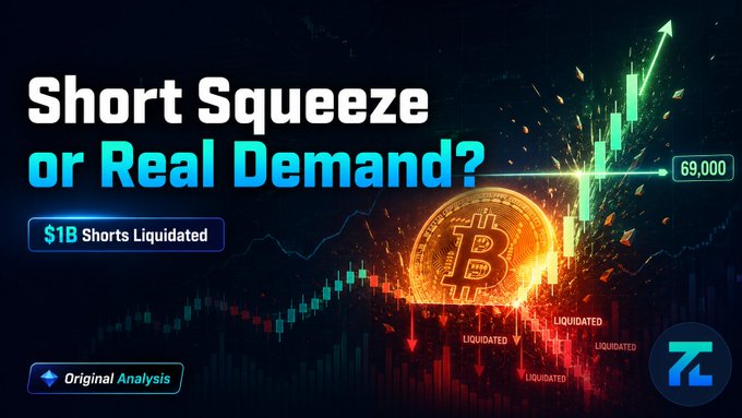 Cryptocurrency thumbnail titled 'Short Squeeze or Real Demand?' featuring Bitcoin chart imagery, noting '$1B Shorts Liquidated' and a price of 69,000.
