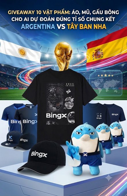 A BingX promotional giveaway ad shows merchandise (shirts, caps, plush mascots) for predicting the Argentina vs Tây Ban Nha (Spain) World Cup final score.