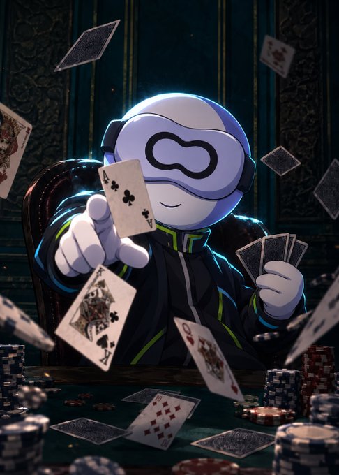 A digital illustration shows a robot-like character wearing a white visor, sitting at a poker table surrounded by flying playing cards and poker chips.